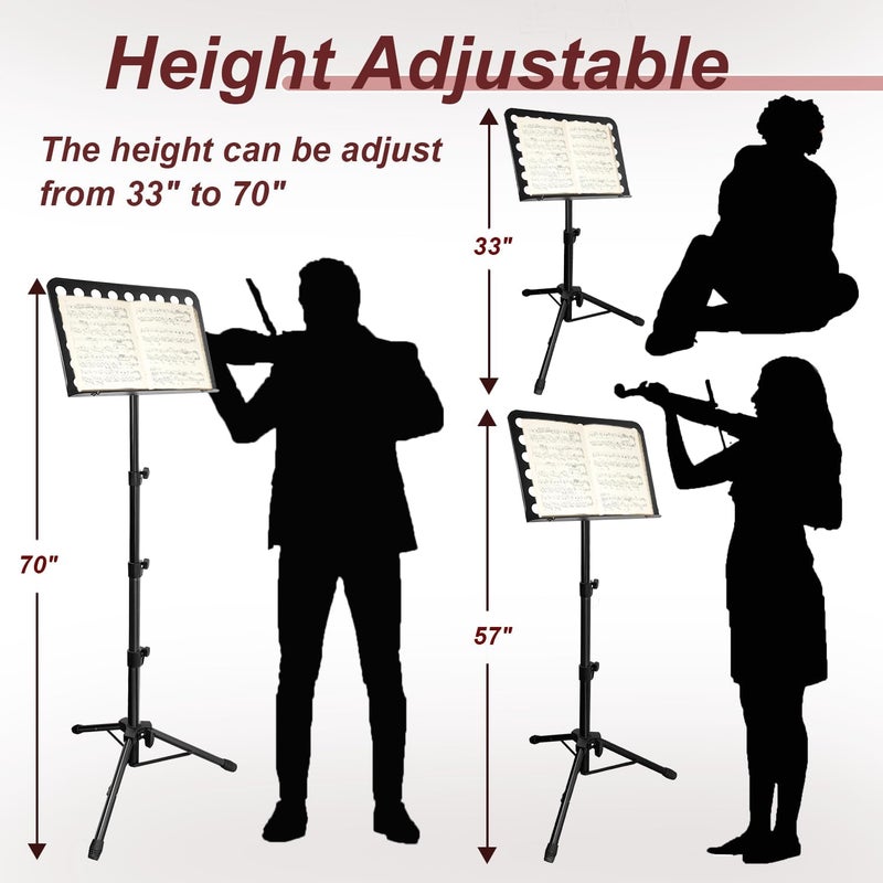HOLANHING 70IN Sheet Music Stand, Tall Music Stand for Sheet Music High Stability, Adjustable Portable Music Stand with Carrying Bag for Guitar, Violin, Ukulele (33-70IN-A) - Image 3
